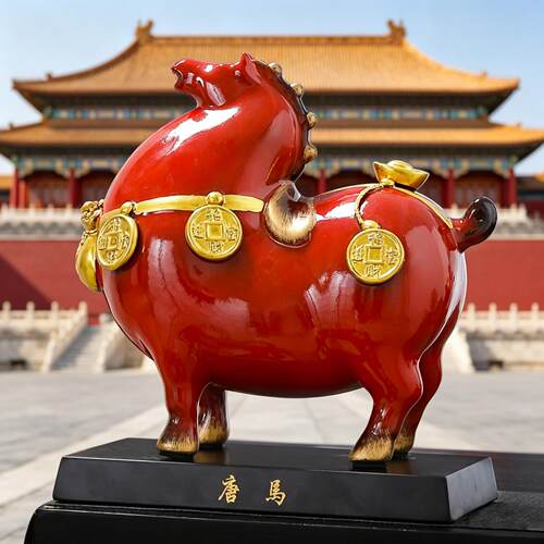 西安文创红色陶瓷唐马马上有钱摆件家居客厅办公桌面玄关装饰礼品