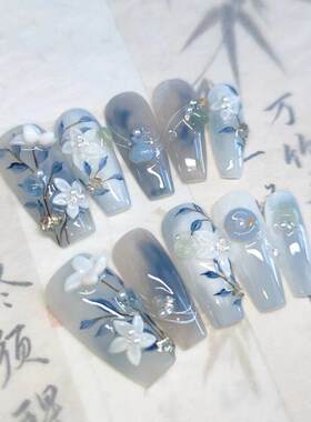 【水仙子】纯手工定制穿戴甲美甲成品贴片新中式国风