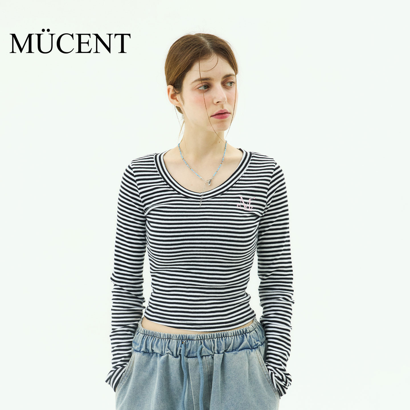 mucentV领条纹长袖T恤白色黑色上衣女夏2025新款正肩显瘦修身时尚