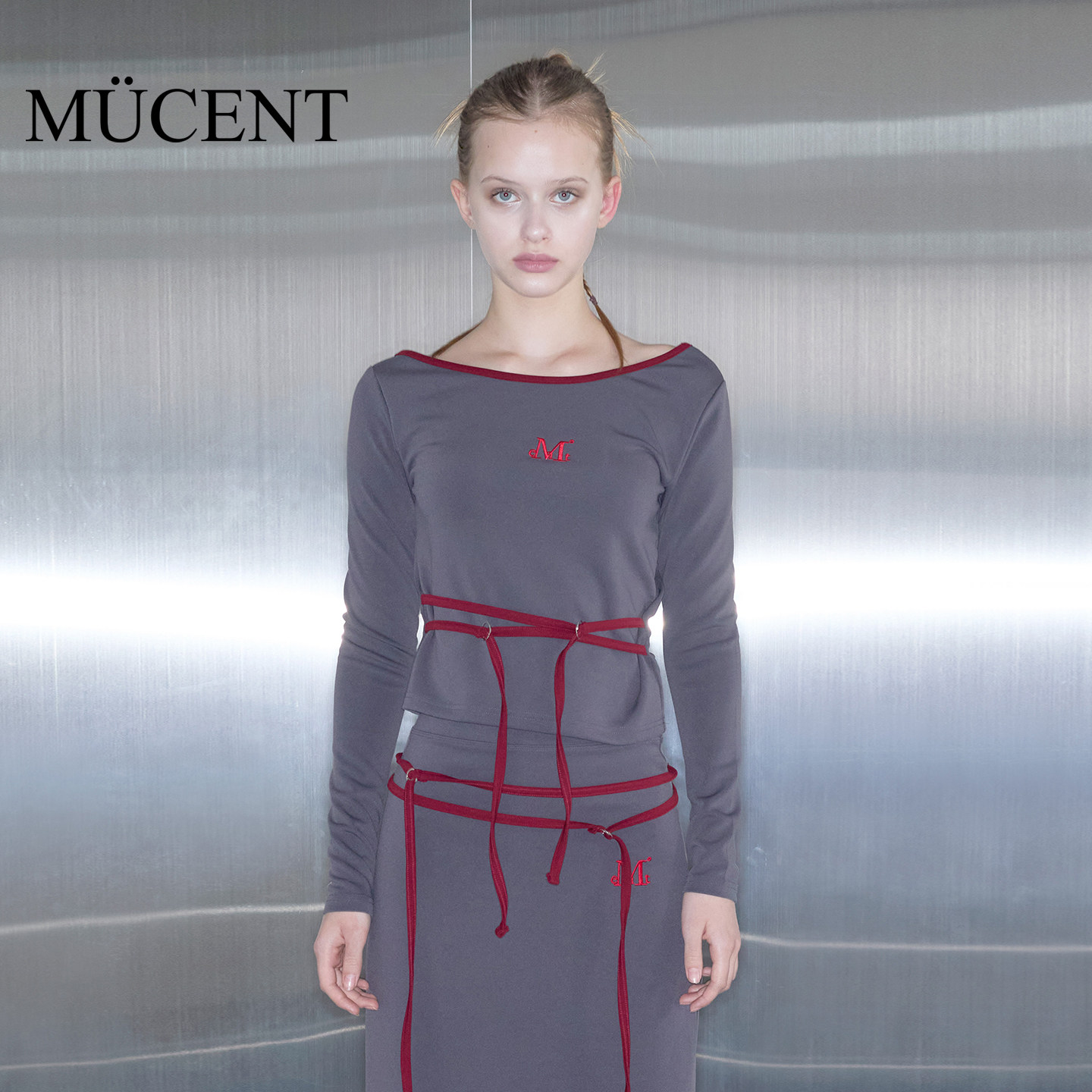 mucent系带长袖T恤炭黑色上衣女夏2025新款修身小众时尚百搭休闲