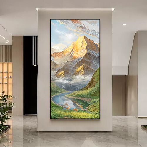 聚宝盆玄关装饰画大芬村手绘油画客厅挂画山水风景入户正对门壁画