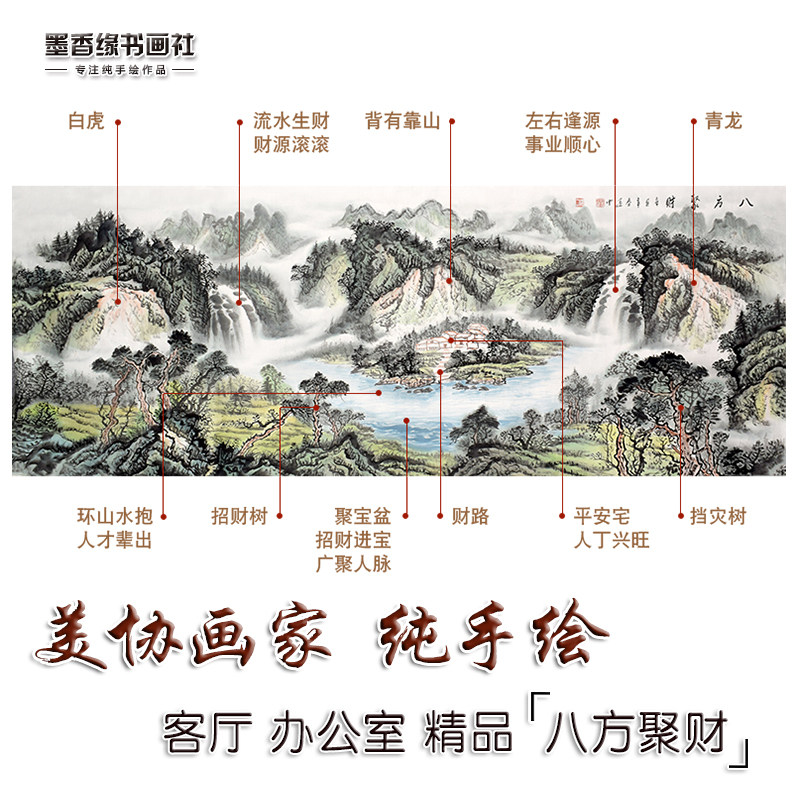 纯手绘八方聚财山水画客厅办公室招财靠山聚宝盆国画挂画芯带框