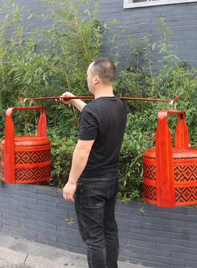 竹编篮子结婚篮子定亲篮子竹制红色婚庆篮带扁担一对喜事篮一担