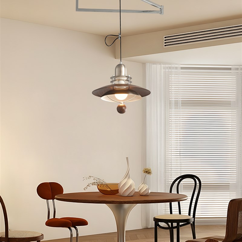 餐厅吊灯中古风摇臂胡桃木色覆古创意飞碟可移位餐桌吧台吊线灯