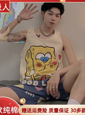 背心睡衣男生夏天薄款纯棉卡通胖大童12-15岁男孩无袖家居服套装