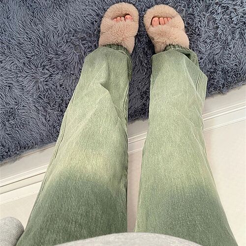 复古绿色牛仔裤女秋冬新款胖妹妹mm高腰显瘦阔腿长裤梨形身材裤子