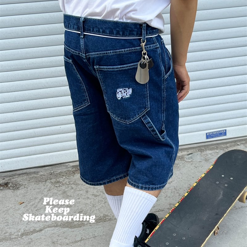 重工刺绣复古VX1000街头滑板工装男士短裤宽松牛仔短裤男夏季蓝色