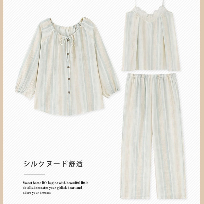 双层纱布棉麻睡衣三件套女春秋季纯棉长袖法式吊带婴儿棉纱家居服