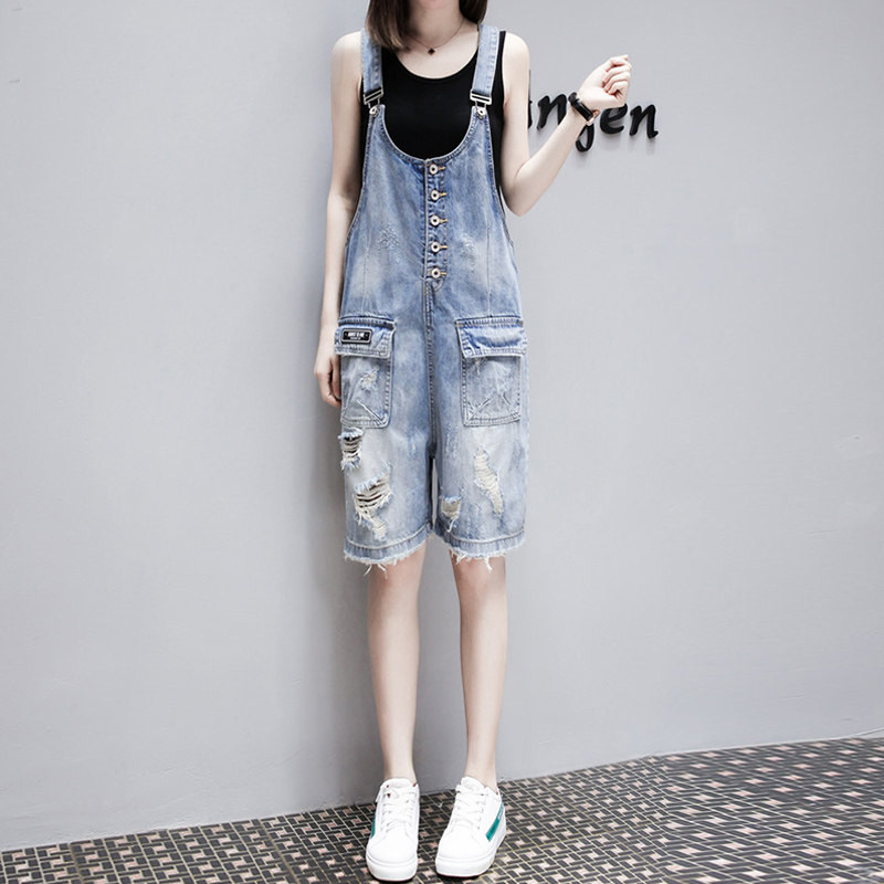 牛仔背带裤女2023夏季薄款破洞高腰显瘦直筒港味小个子五分短裤子图片