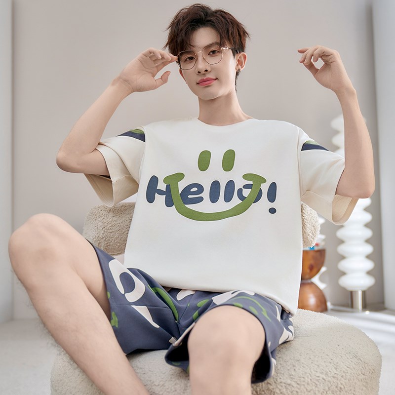 夏季男士简约笑脸睡衣男款短袖短裤薄款套装青少年纯棉居家服夏款图片