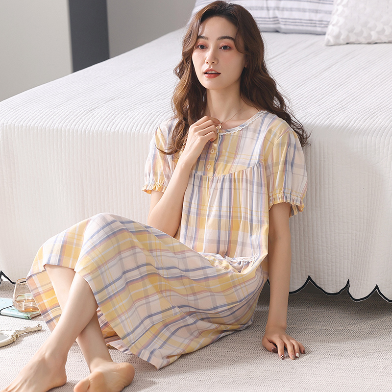 梭织棉纱布睡裙女夏季纯棉短袖长款睡衣夏天薄款格子大码居家裙子