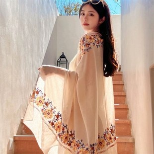 围巾女夏季 沙漠旅游穿搭防晒披肩民族风茶卡盐湖丝巾棉麻纱巾头巾