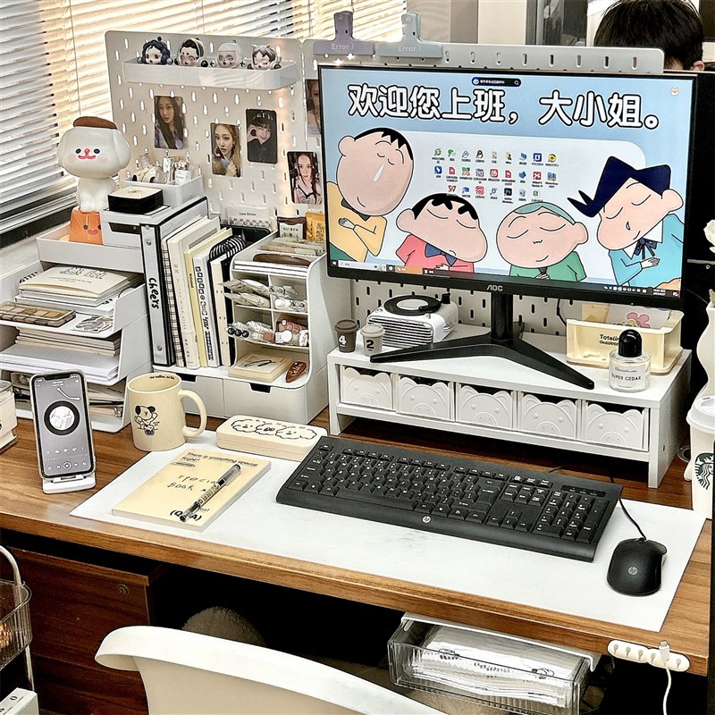 台式电脑增高架带抽屉办公室桌面置物架女生工位X神器布置好物图片