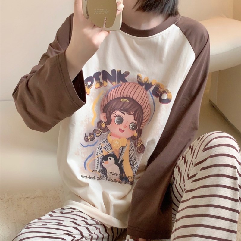 可爱女孩条纹纯棉长袖长裤睡衣套装女秋季宽松休闲可外穿家居服