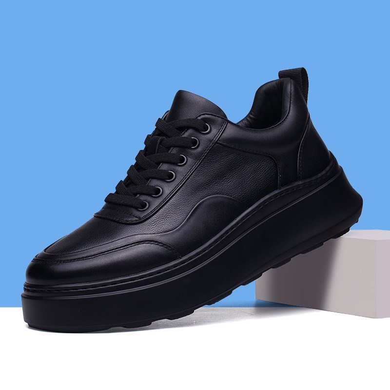 真皮板鞋男头层牛皮时尚韩版透气系带厚底休闲皮鞋圆头耐磨潮男鞋