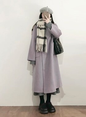 高级感紫色呢子大衣女秋冬新款韩系简约小个子中长款毛呢外套加厚