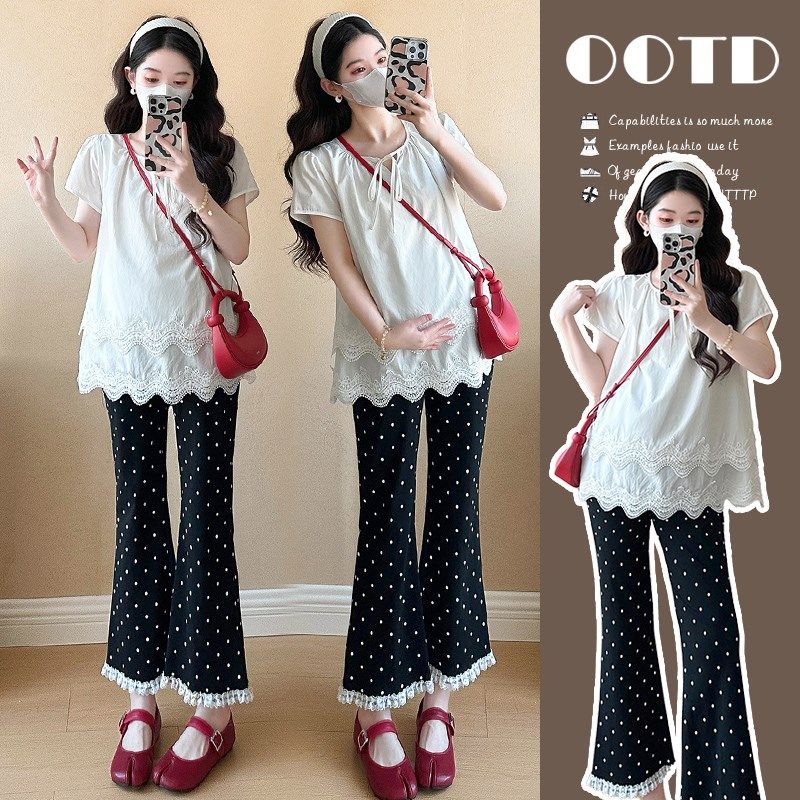 孕妇装夏装双层蕾丝花边上衣+波点微喇裤减龄轻薄夏季孕妇两件套,孕妇装/孕产妇用品/营养,套装,淘宝优惠券,粉丝福利购,淘宝优惠卷
