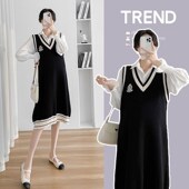 学院风衬衣V领背心马甲长裙套装 孕妇装 两件套 时尚 韩版 春装 新h款