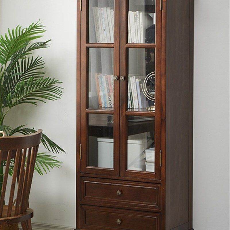 美式风全实木书柜两门书柜储物柜书房带玻璃带门书架落地书橱家用