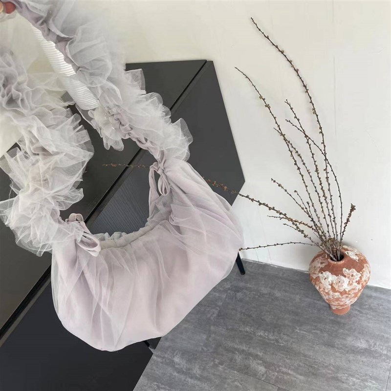 2024夏季小清新仙女小t众手提包袋白色蕾丝网纱荷叶边帆布单肩包