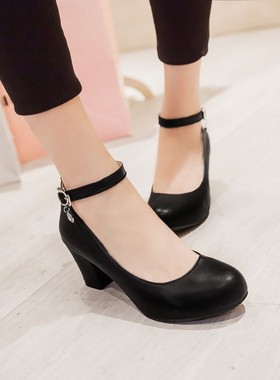 2015a春秋季高跟鞋正装职业工作鞋女黑色一字扣带中跟粗跟单鞋大