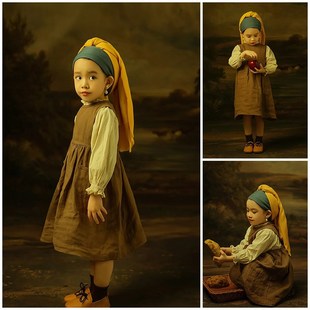 5岁 道具珍珠耳环少女主题影楼拍照衣服 12岁女童油画风摄影服装