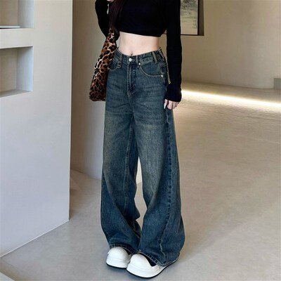 JADEQILIN美式高街复古蓝做旧直筒牛仔裤宽松休闲潮阔腿长裤男女