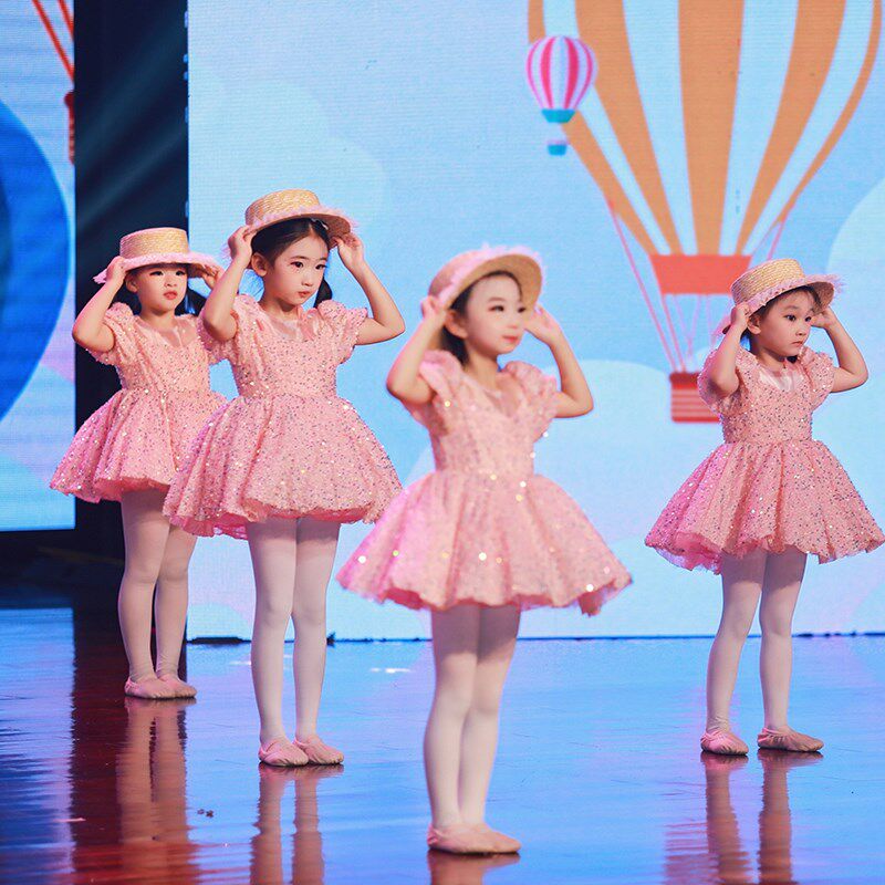 儿童蓬蓬公主裙珍妮公主舞蹈服亮片粉色幼儿演出服定制现代舞衣