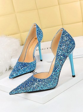 新款时尚蓝色高跟鞋女细跟法式侧空镂空浅口闪亮片春秋大码女鞋41