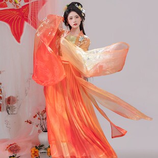 新款汉服女古装齐腰襦裙仙气飘飘中国风大袖衫橙色日常改良春夏季