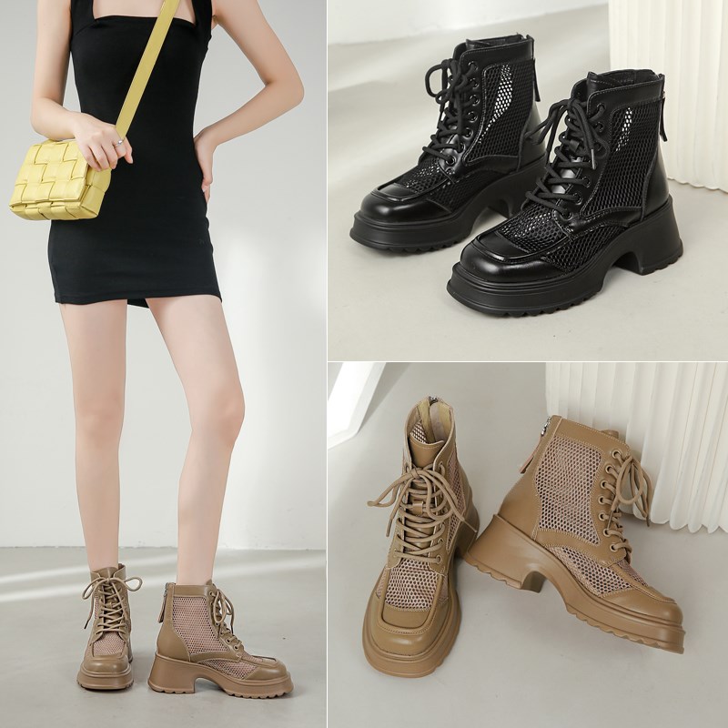 凉鞋女2024年新款镂空短靴厚底网纱马丁靴小P个子显高夏季高跟凉