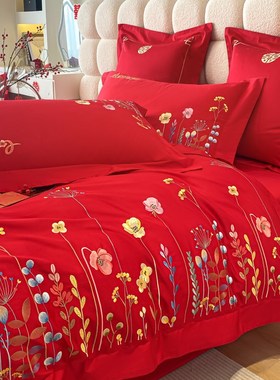 新婚女方陪嫁红色婚庆p四件套床单床笠纯棉婚房六件套结婚床上用