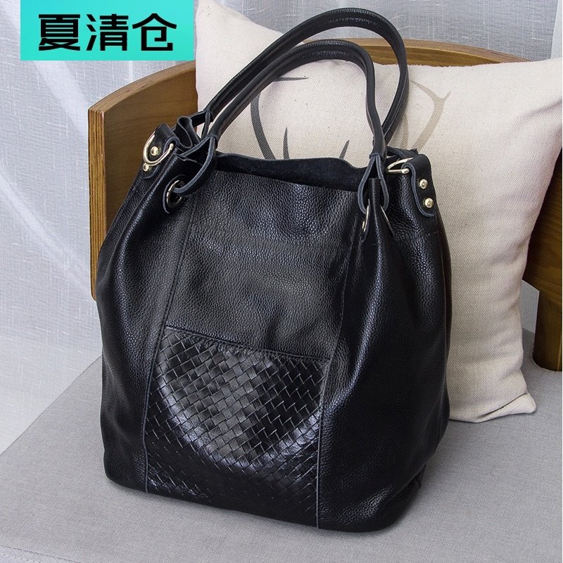 水桶包女2021新款真皮大容量手提包女简约百搭软皮编织单肩斜挎包
