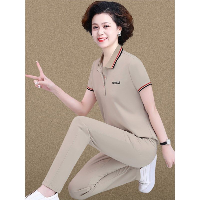 中年妈妈夏装套装洋气上衣两件套新款中老年女夏季冰丝短袖运动服