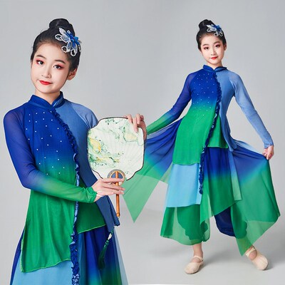儿童一条大河舞蹈演出服桃李杯蓝色渐变色女子群舞艺考扇子表演服
