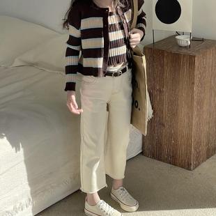 儿童牛仔裤秋冬新款宝宝弹力休闲裤女童直筒裤外穿白色九分长裤子