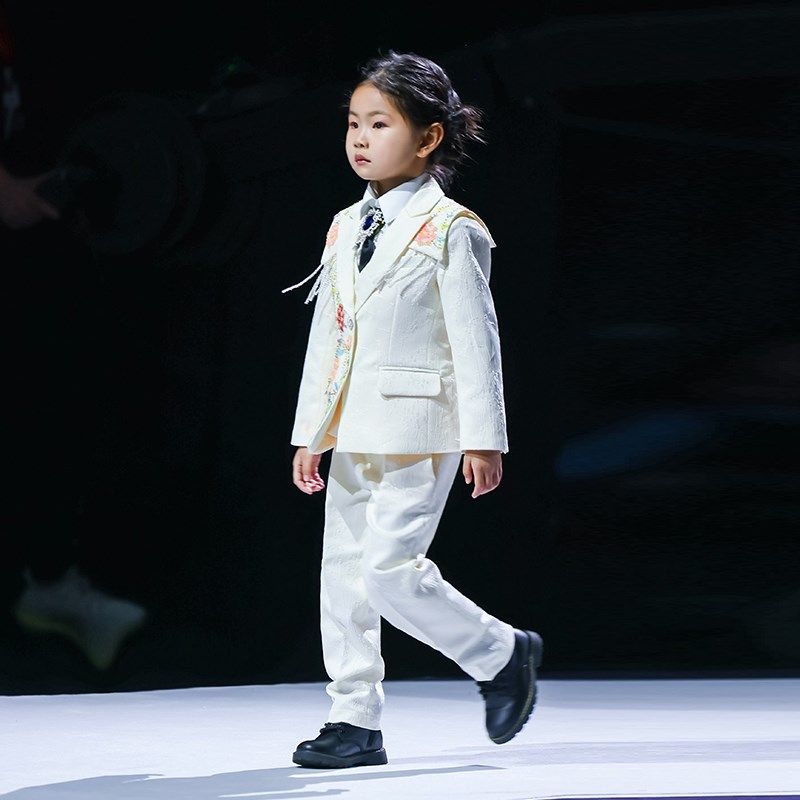 女童西装套装白色手工儿童礼服模特舞台走秀小西服主持服装演出服