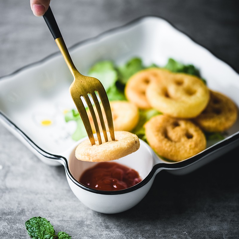 日式饺子盘带醋碟家用盘分格餐盘爱心创意盘子方形水饺盘菜盘