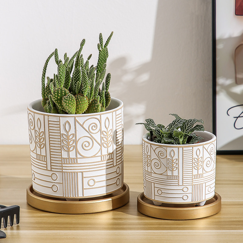 带脚机雕陶瓷花盆透气陶土有底孔带托盘客厅阳台花卉绿植多肉兰花