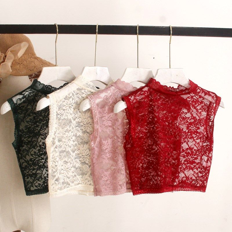 立领蕾丝网纱打底衫无袖女 半高领无袖背心高领花边透明半截蕾,女装/女士精品,背心吊带,淘宝优惠券,粉丝福利购,淘宝优惠卷