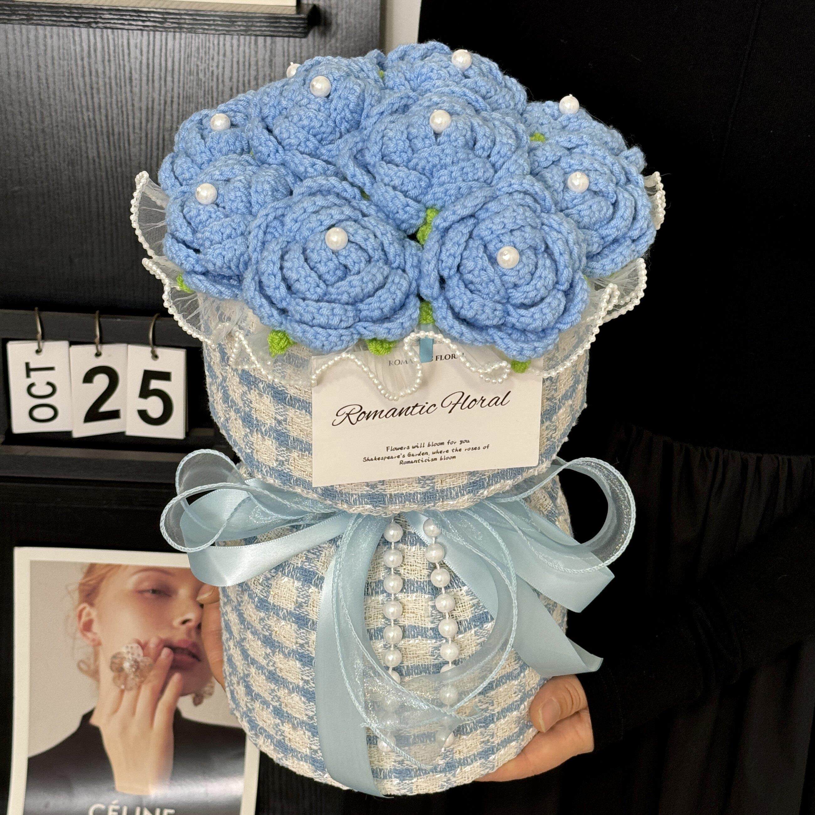手工DIY蓝色玫瑰花束毛线成品520生日礼物送男女朋友小香风毕业季