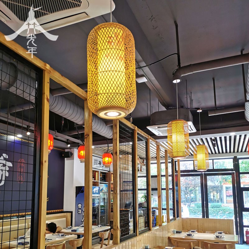 现代中式餐厅竹编鸟笼吊灯带射灯酒店餐饮鸟笼灯茶楼火锅店卡座灯