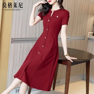 红色修身连衣裙收腰显瘦气质名媛轻奢高级感2024年新款女夏季短袖