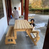 阳光房休闲桌椅小户型阳台餐桌加厚碳化实木防水防晒连体折叠桌子