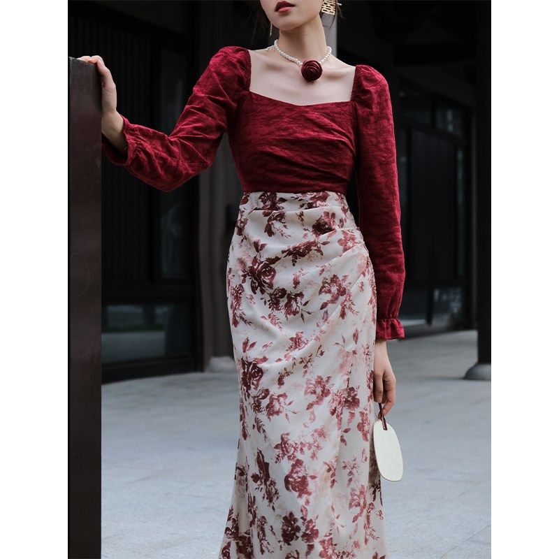 鹿与玫瑰新中式女装红色连衣裙女气质修身复古长袖订婚轻礼服裙子,女装/女士精品,连衣裙,淘宝优惠券,粉丝福利购,淘宝优惠卷