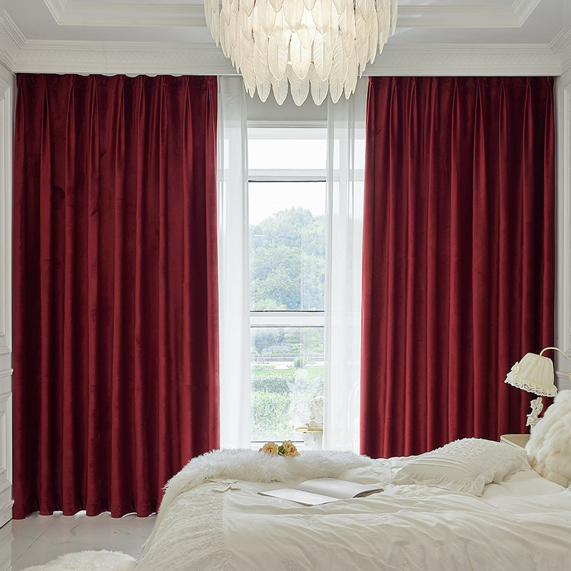 复古法式酒红色遮光窗帘高级卧室客厅防晒遮阳落地窗飘窗柔软绒布,居家布艺,成品窗帘,淘宝优惠券,粉丝福利购,淘宝优惠卷