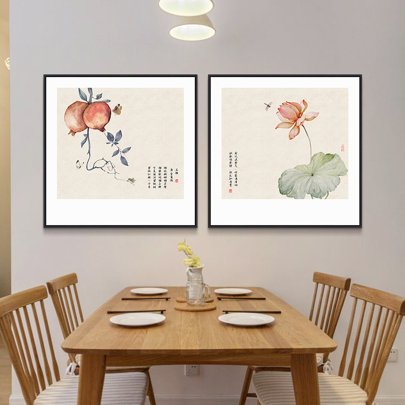 探花新中式饭厅装饰画客厅玄关走廊过道壁画书房茶室方形花鸟挂画