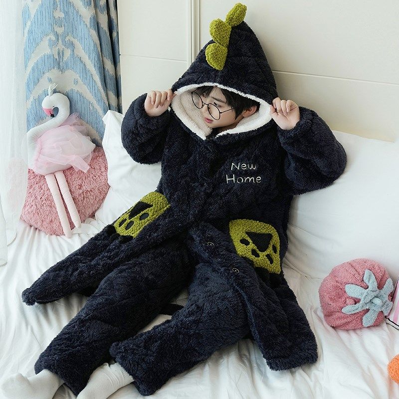 男童睡袍儿童睡衣珊瑚绒秋冬季三层夹棉加厚法兰绒男孩家居服浴袍