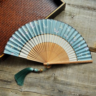 飞鹤素白折扇中国古代宫庭风女式淡雅汉服旗袍搭配摄影拍照道具