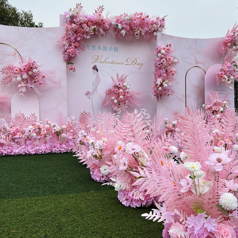 粉色婚庆花艺婚礼t台舞台迎宾区装饰地排花点花路引花球角花花